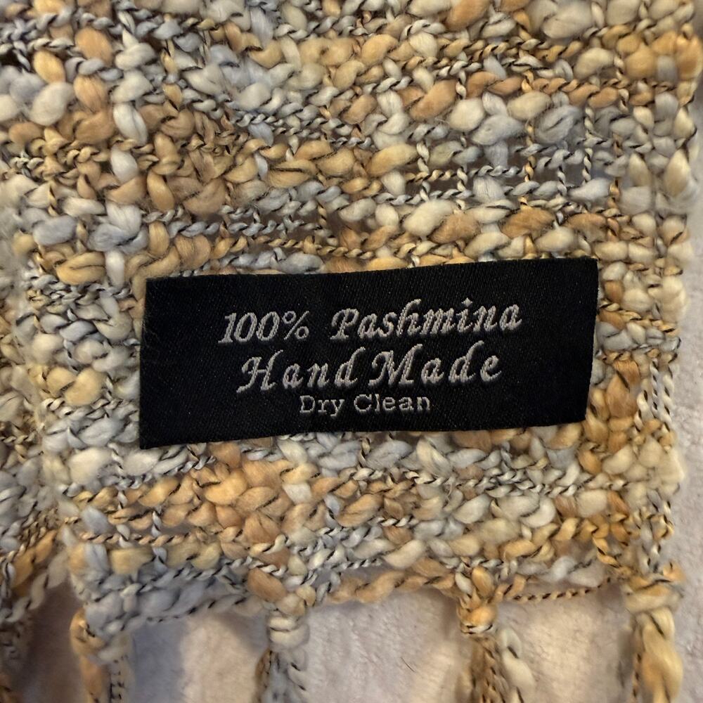 Handmade 100% Pashmina Chunky Knit Fringe Scarf in Yellow & Slate Blue 🍂✨ - Picture 5 of 8